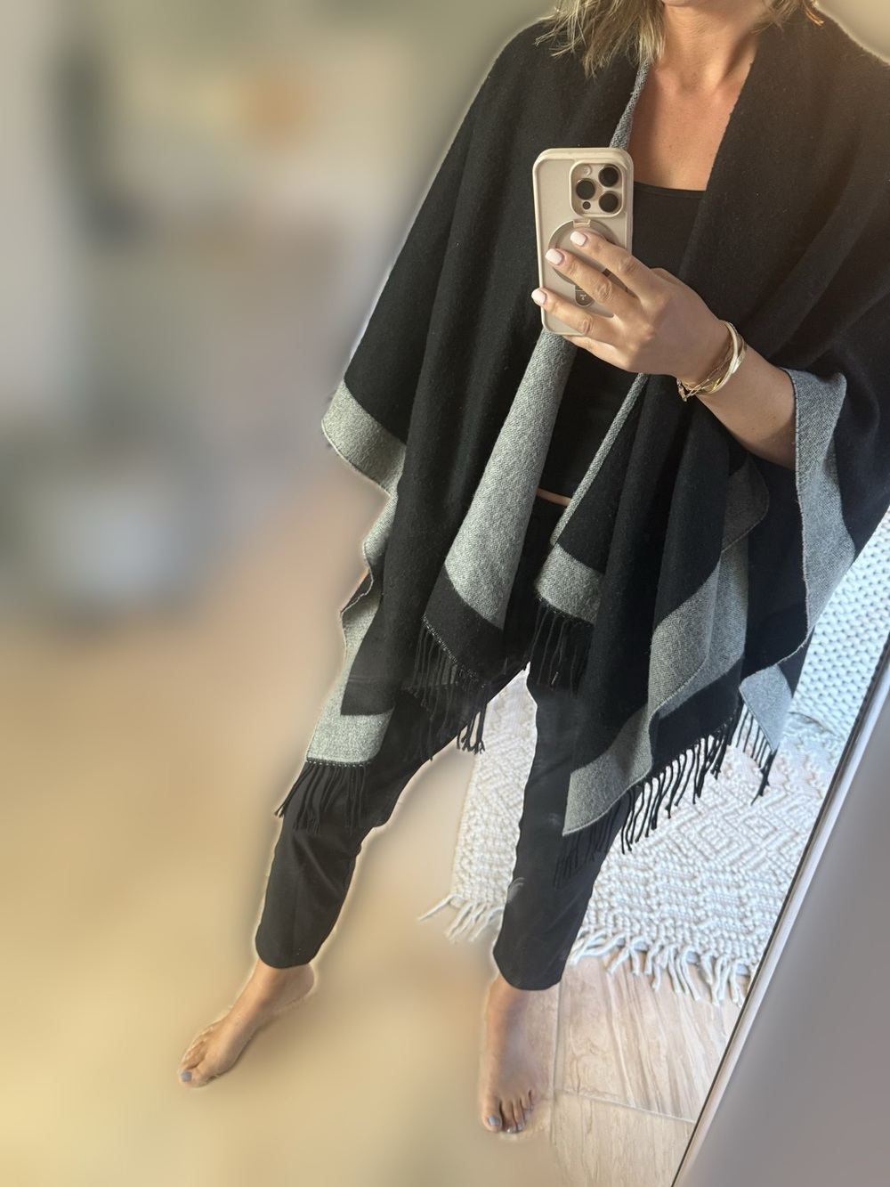 Two-Tone Black & Gray Fringed Wrap Shawl